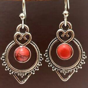 Bohemian  Southwestern Style Simulated Red Turquoise Dangle Earrings